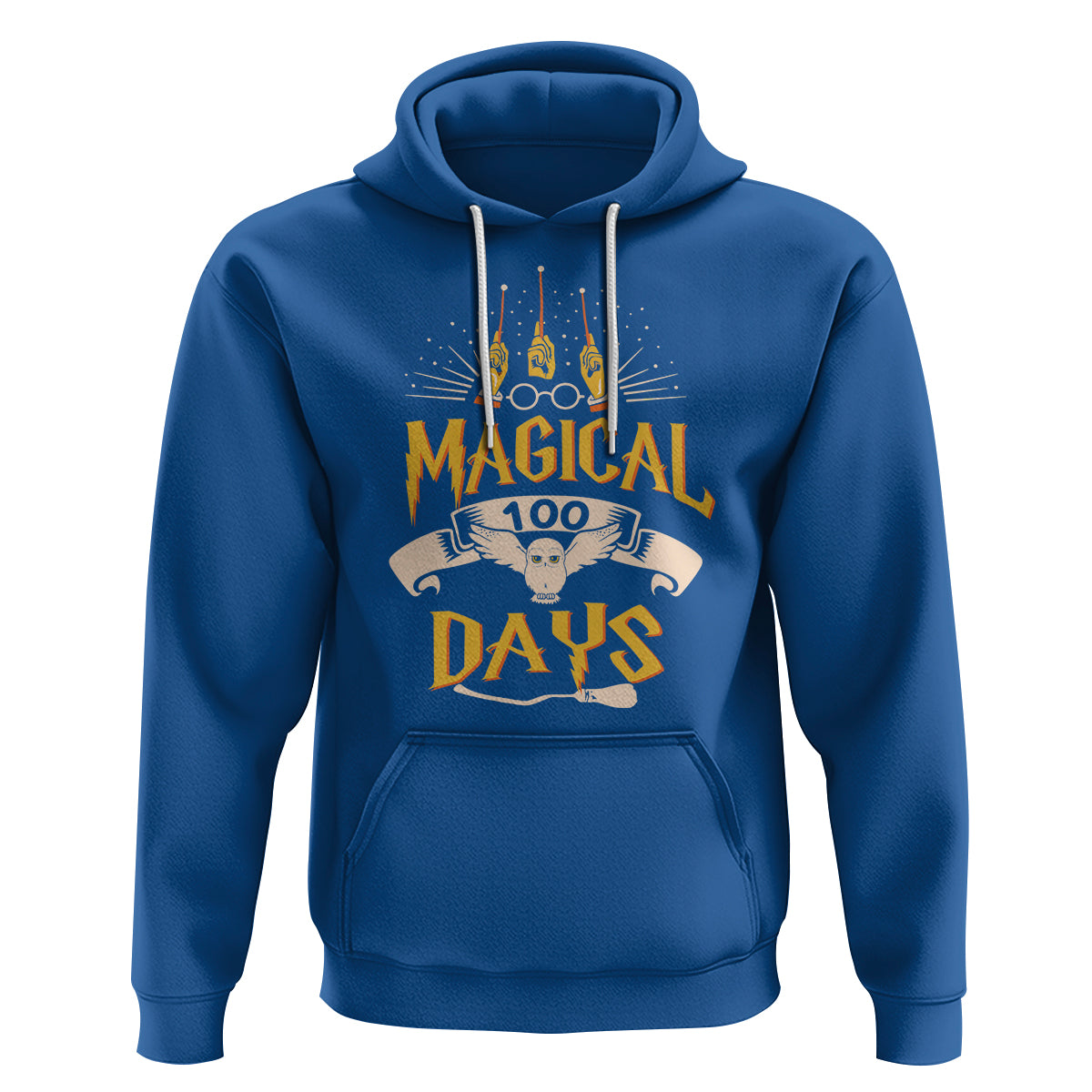 Royal blue pullover hoodie with front kangaroo pocket and “MAGICAL 100 DAYS” owl graphic
