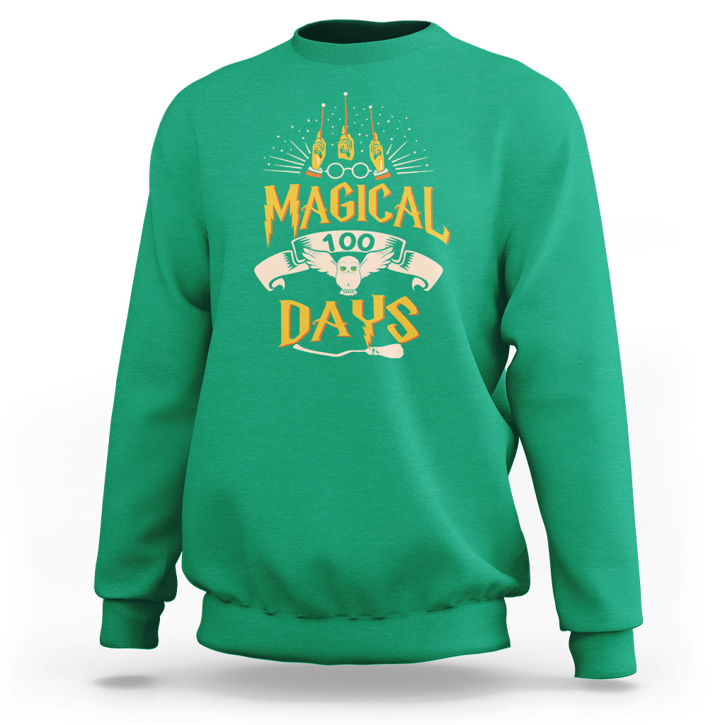 Irish green crewneck sweatshirt with colorful “Magic Owl” school graphic on the back.