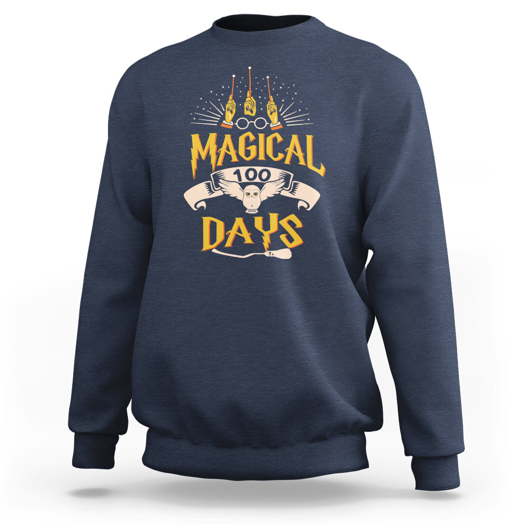 Navy crewneck sweatshirt with colorful “Magic Owl” school graphic on the back.