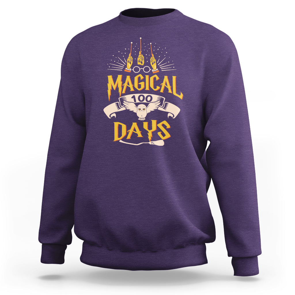 Purple crewneck sweatshirt with colorful “Magic Owl” school graphic on the back.