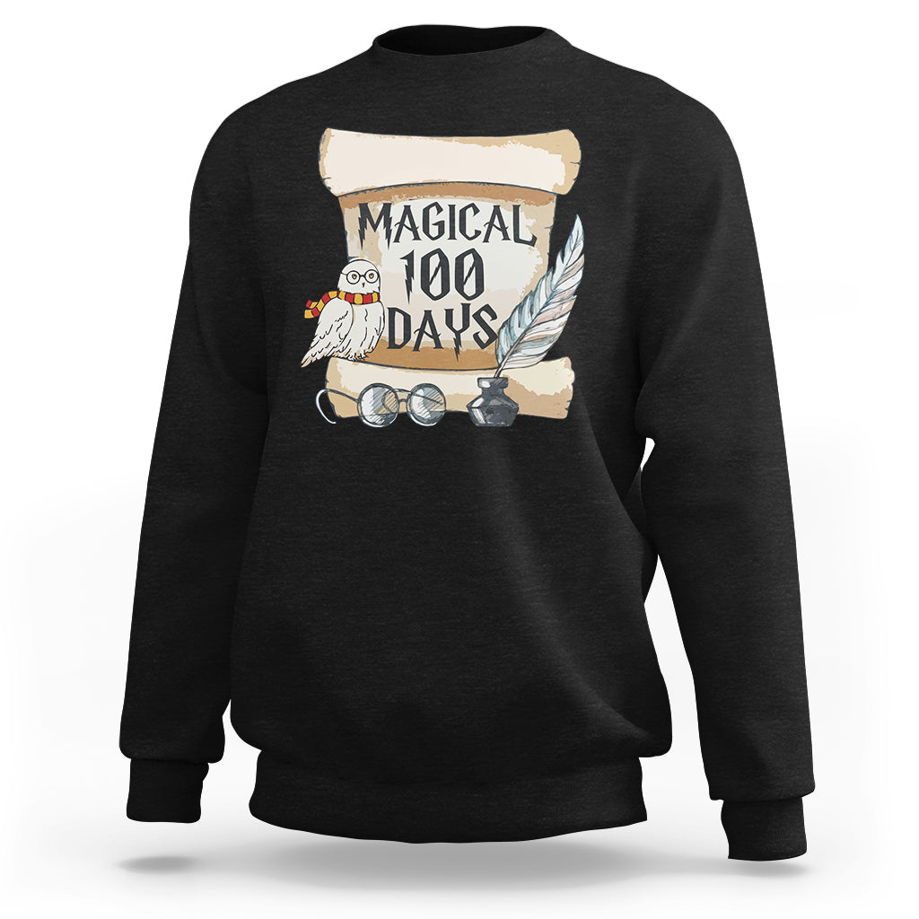 Black crewneck sweatshirt with "MAGICAL 100 DAYS" owl graphic on front.