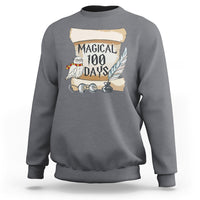 Charcoal crewneck sweatshirt with "MAGICAL 100 DAYS" owl graphic on front.