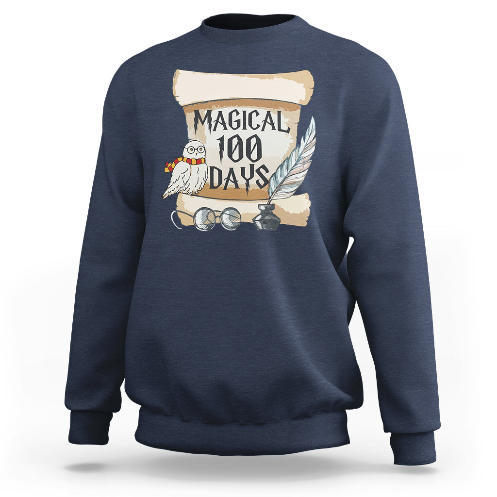 Navy crewneck sweatshirt with "MAGICAL 100 DAYS" owl graphic on front.