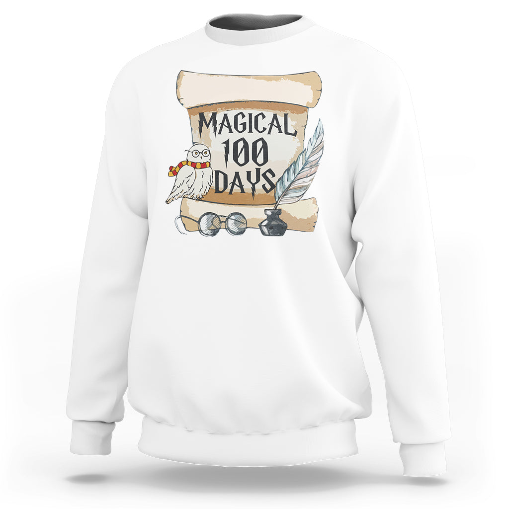 White crewneck sweatshirt with "MAGICAL 100 DAYS" owl graphic on front.