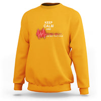 Gold nurse sweatshirt with “KEEP CALM AND …OK NOT THAT CALM” graphic and red heartbeat