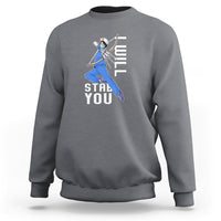 Charcoal gray crewneck sweatshirt with nurse graphic and "STAB YOU" text