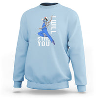 Light blue crewneck sweatshirt with nurse graphic and "STAB YOU" text