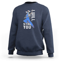 Navy crewneck sweatshirt with nurse graphic and "STAB YOU" text