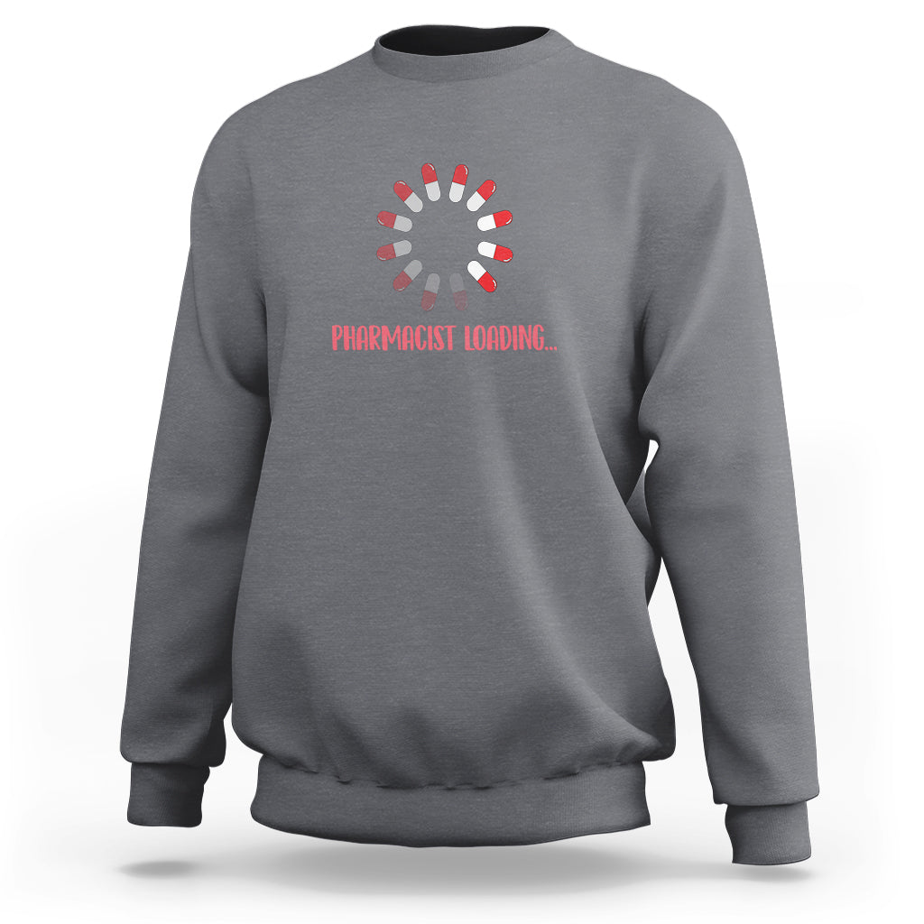 Charcoal gray sweatshirt with pharmacist-themed loading graphic and red text on chest