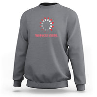 Charcoal gray sweatshirt with pharmacist-themed loading graphic and red text on chest