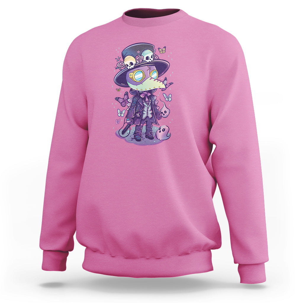 Pink crewneck sweatshirt with front plague doctor character graphic