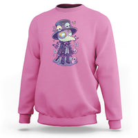 Pink crewneck sweatshirt with front plague doctor character graphic