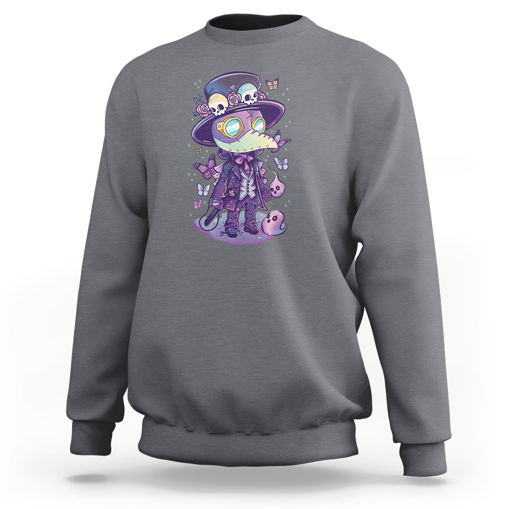 Charcoal gray crewneck sweatshirt with front plague doctor graphic