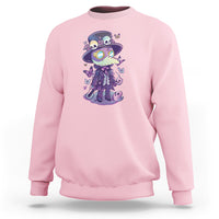 Light pink crewneck sweatshirt with front plague doctor graphic and long sleeves