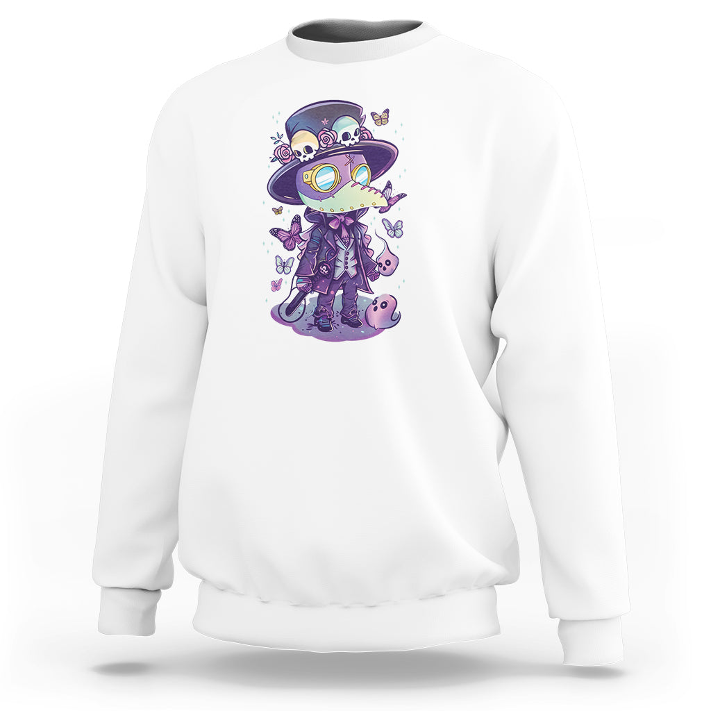 White crewneck sweatshirt with front plague doctor character graphic and long sleeves