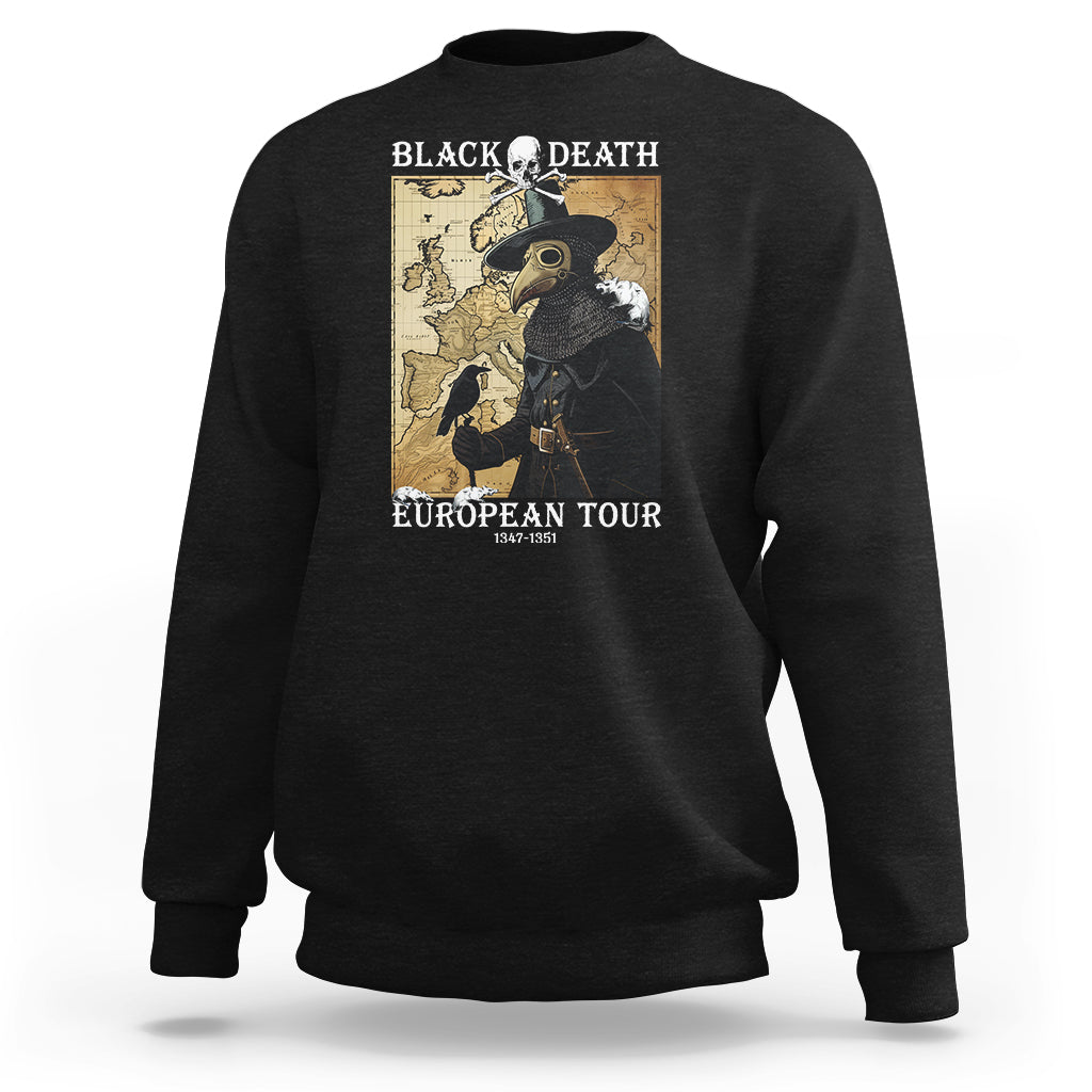 Black crewneck sweatshirt with front plague doctor graphic and map-style text