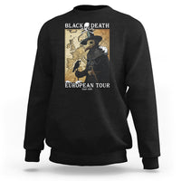 Black crewneck sweatshirt with front plague doctor graphic and map-style text