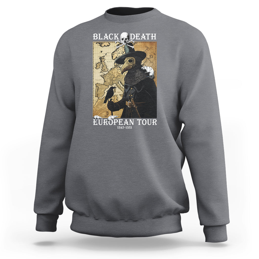 Charcoal gray crewneck sweatshirt with front plague doctor graphic and map-style text