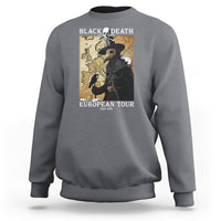 Charcoal gray crewneck sweatshirt with front plague doctor graphic and map-style text