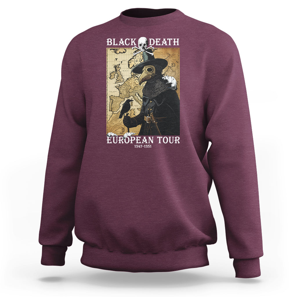 Maroon crewneck sweatshirt with front plague doctor graphic and map-style text