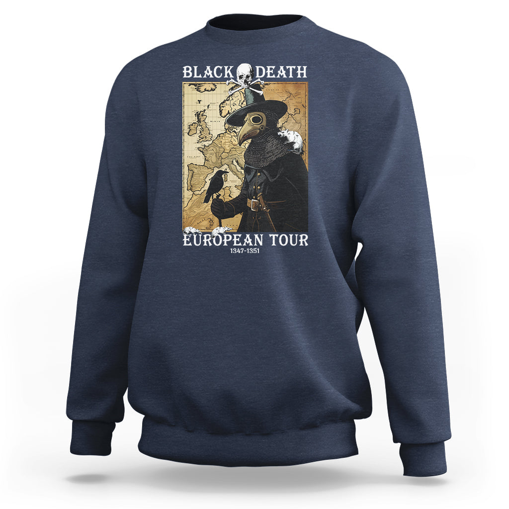 Navy crewneck sweatshirt with front plague doctor graphic and map-style text