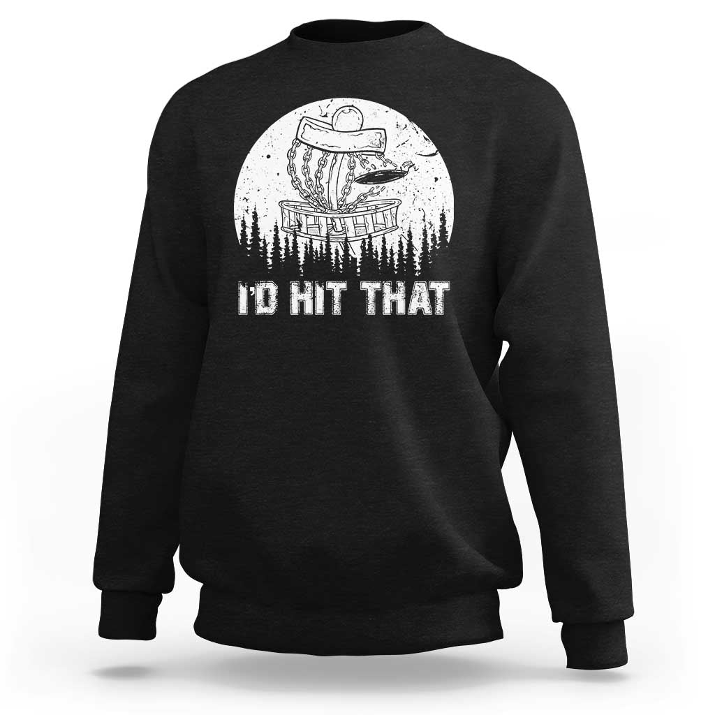 Black crewneck sweatshirt with large white graphic print on the chest