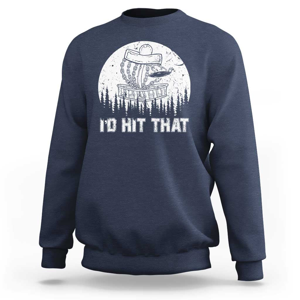 Navy crewneck sweatshirt with large white graphic print on the chest