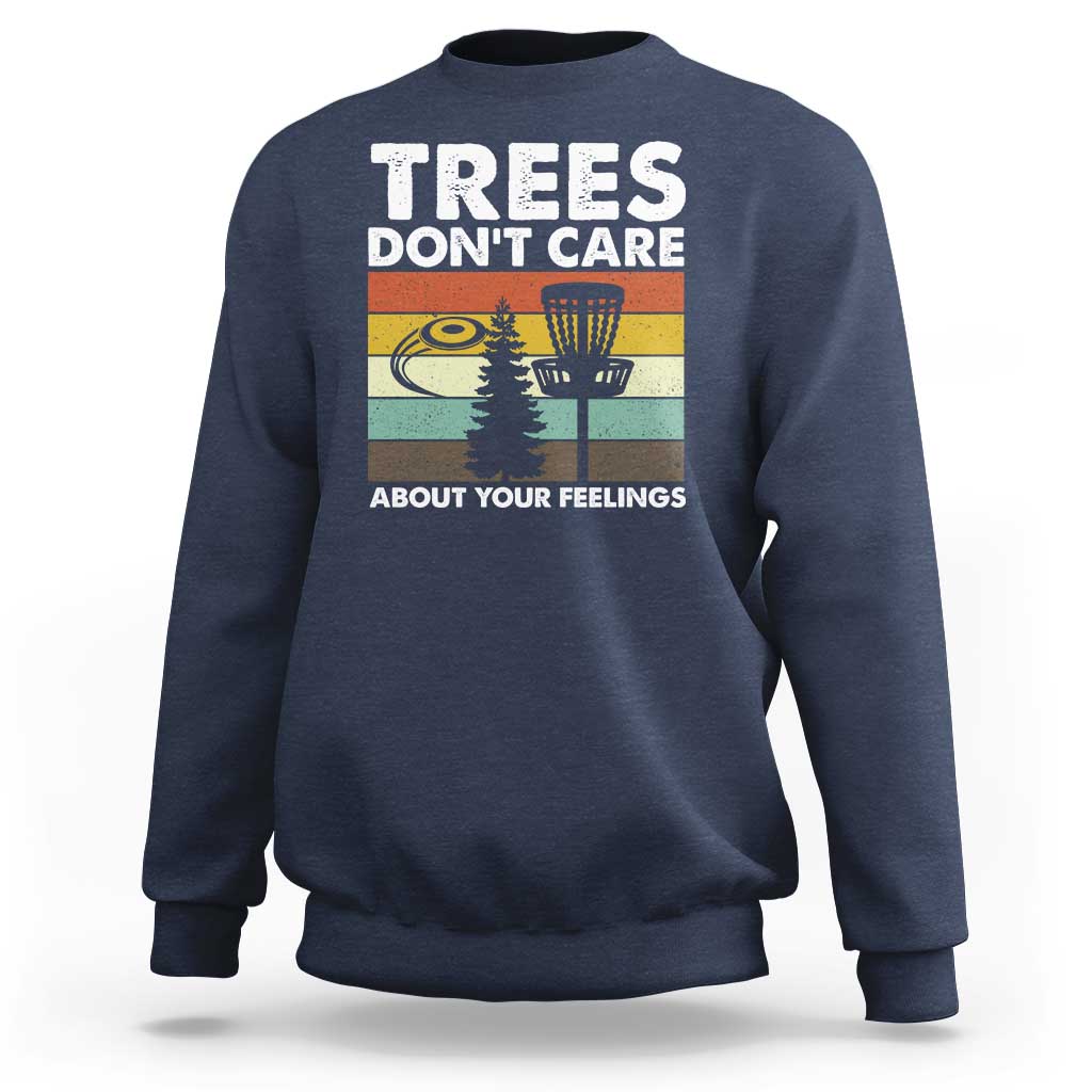 Navy crewneck sweatshirt with “Trees don’t care” graphic and trees scene.