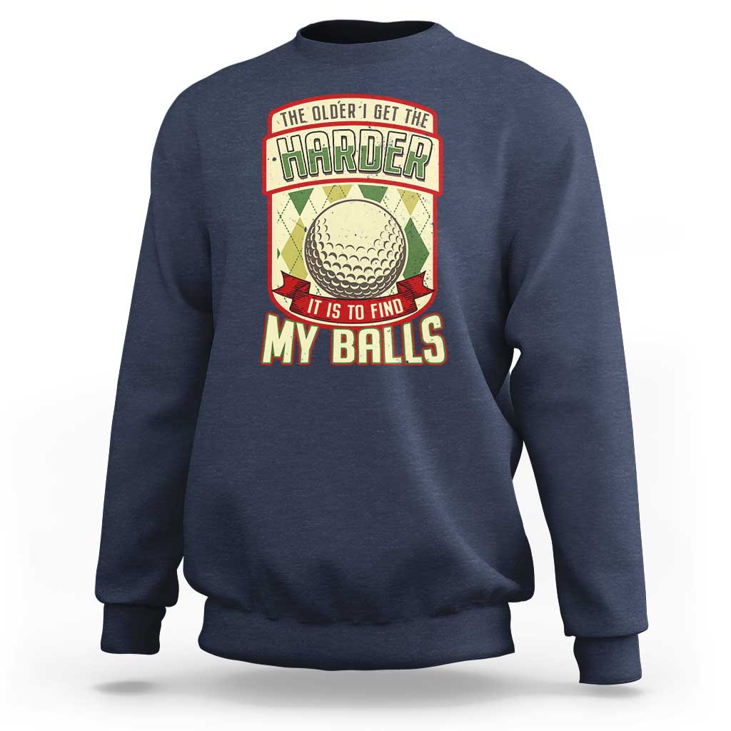 Navy golf sweatshirt with colorful golf ball humor slogan graphic