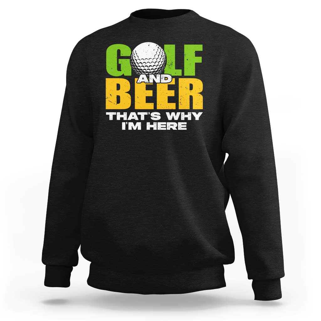 Black sweatshirt with “GOLF & BEER” golf ball graphic, crewneck long sleeves