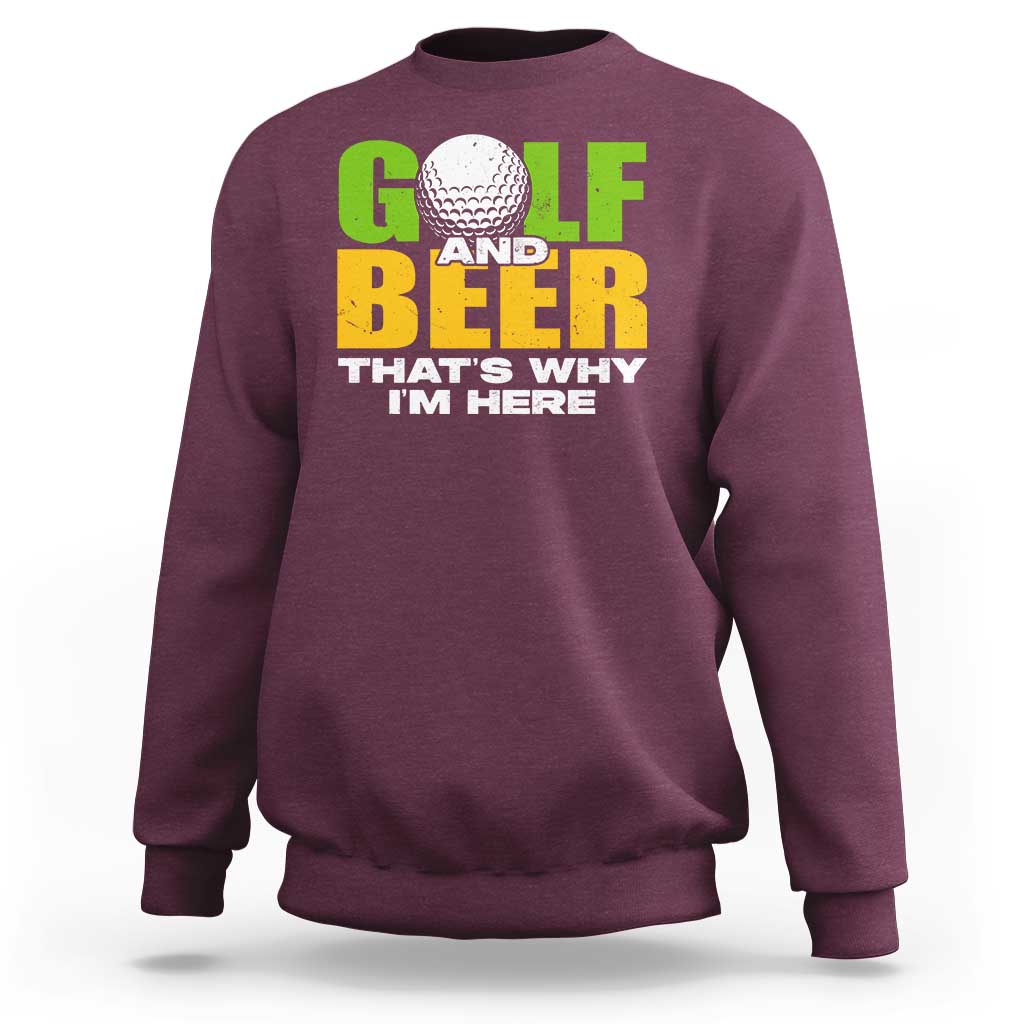 Maroon sweatshirt with “GOLF & BEER” golf ball graphic, crewneck long sleeves