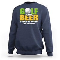Navy sweatshirt with “GOLF & BEER” golf ball graphic, crewneck long sleeves