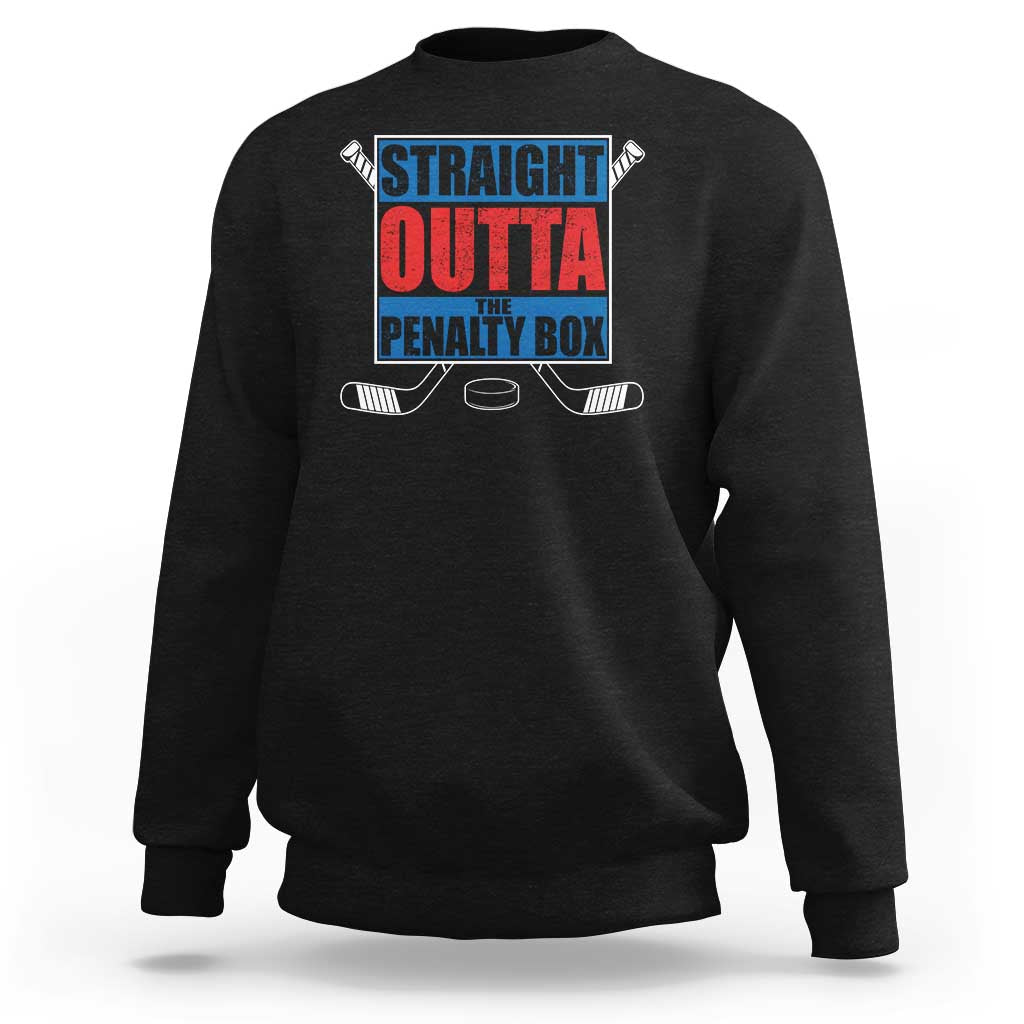Hockey sweatshirt in black with “Straight Outta the Penalty Box” front graphic