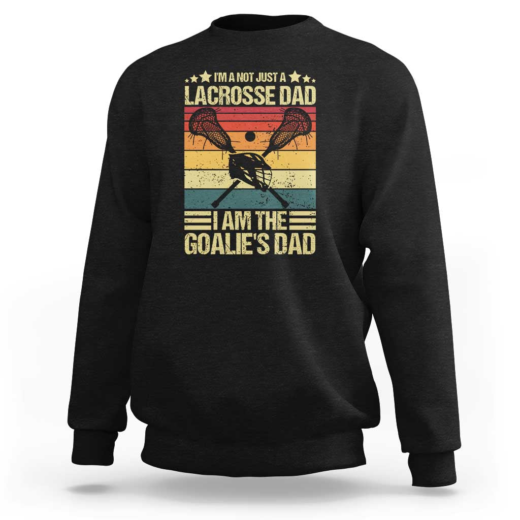 Black lacrosse dad sweatshirt with goalie graphic on front, crewneck long sleeves
