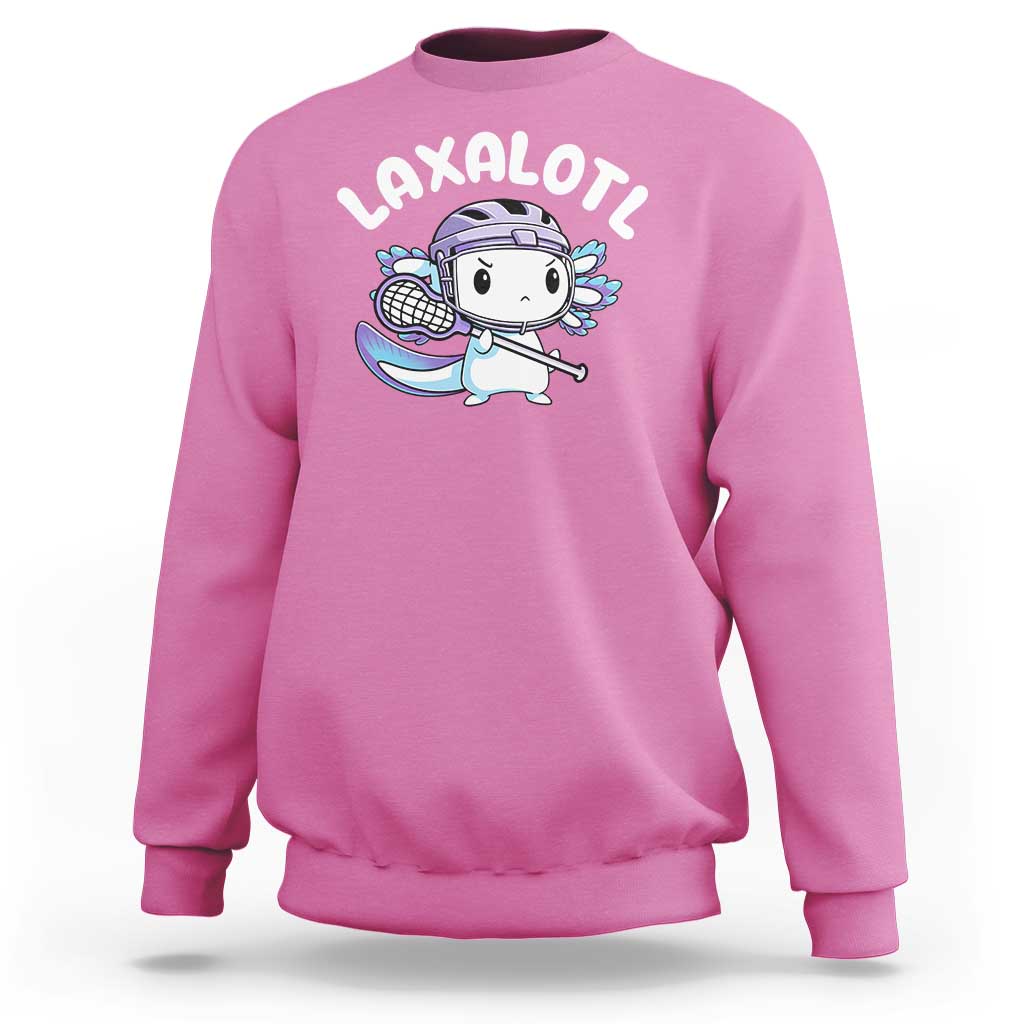 Pink crewneck sweatshirt with axolotl lacrosse player graphic on the front