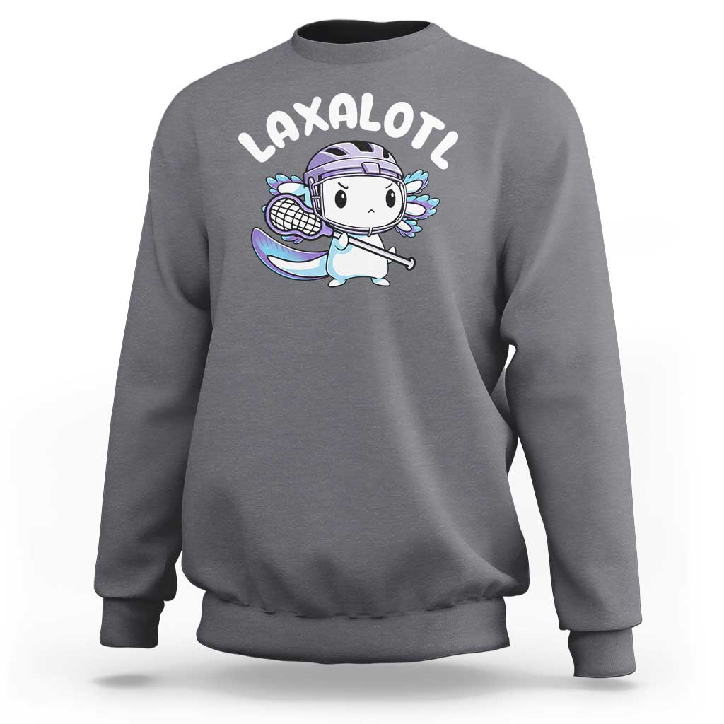 Charcoal gray crewneck sweatshirt with axolotl lacrosse player graphic on chest
