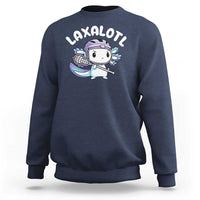 Navy crewneck sweatshirt with axolotl lacrosse player graphic on the chest
