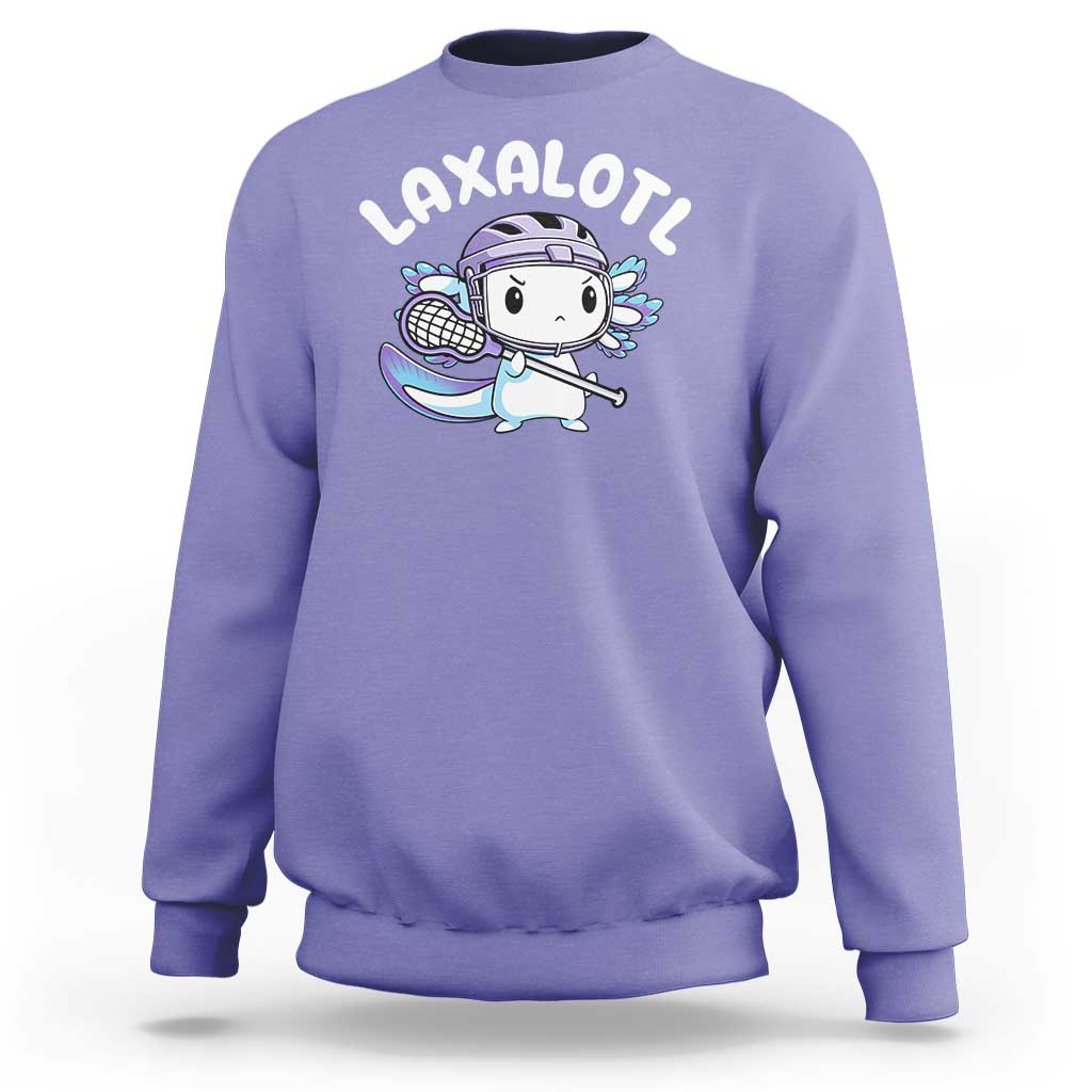 Purple crewneck sweatshirt with cute axolotl lacrosse player graphic on chest