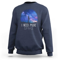 Blue heather astronomy sweatshirt with galaxy graphic and 'I NEED MORE SPACE' text