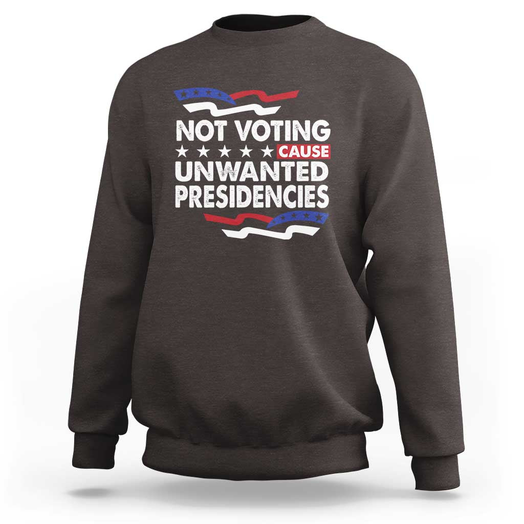 Charcoal crewneck sweatshirt with 'NOT VOTING UNWANTED PRESIDENCIES' graphic