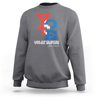 Charcoal gray crewneck sweatshirt with "Like we've never voted before" printed graphic