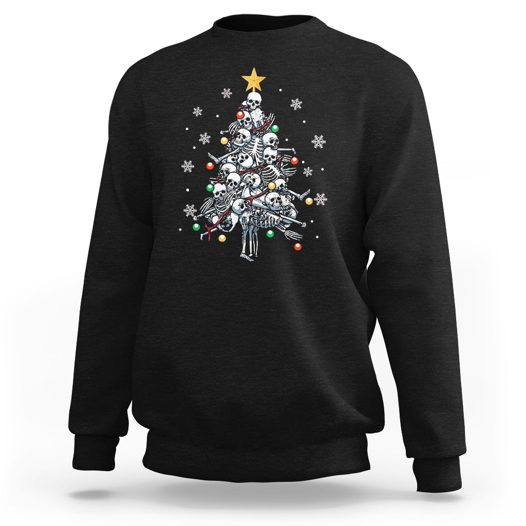 Black crewneck sweatshirt with colorful skeleton Christmas tree graphic on front