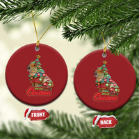 Pair of red round capybara Christmas ornaments with Merry Christmas text, gold hanging cords