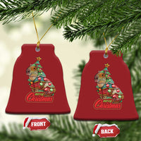 Pair of red bell-shaped capybara Christmas ornaments with Merry Christmas text and gold cords