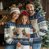 Navy and white ugly Christmas sweater with capybara tree graphic and Merry Christmas text