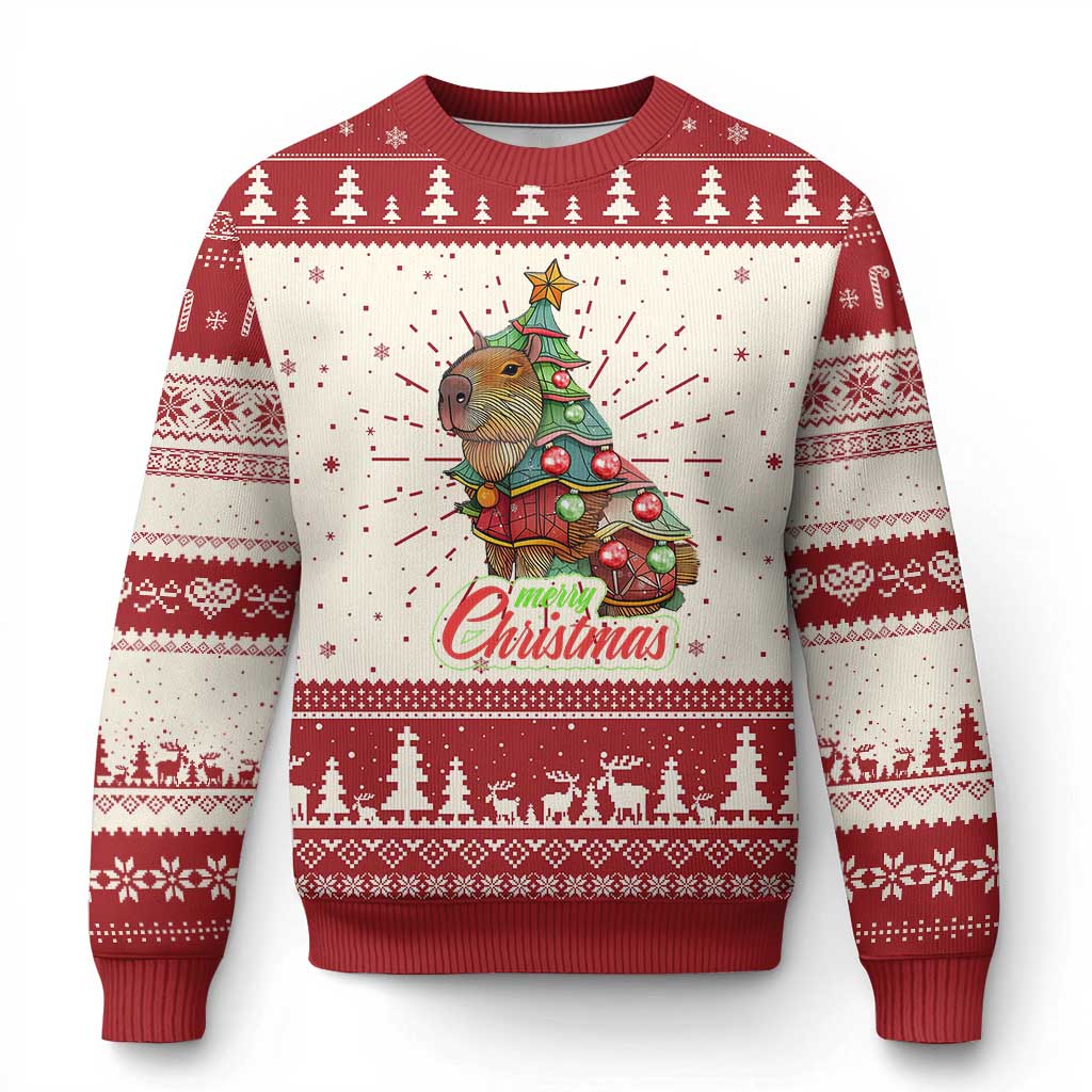 Red and white ugly Christmas sweater with capybara in tree graphic