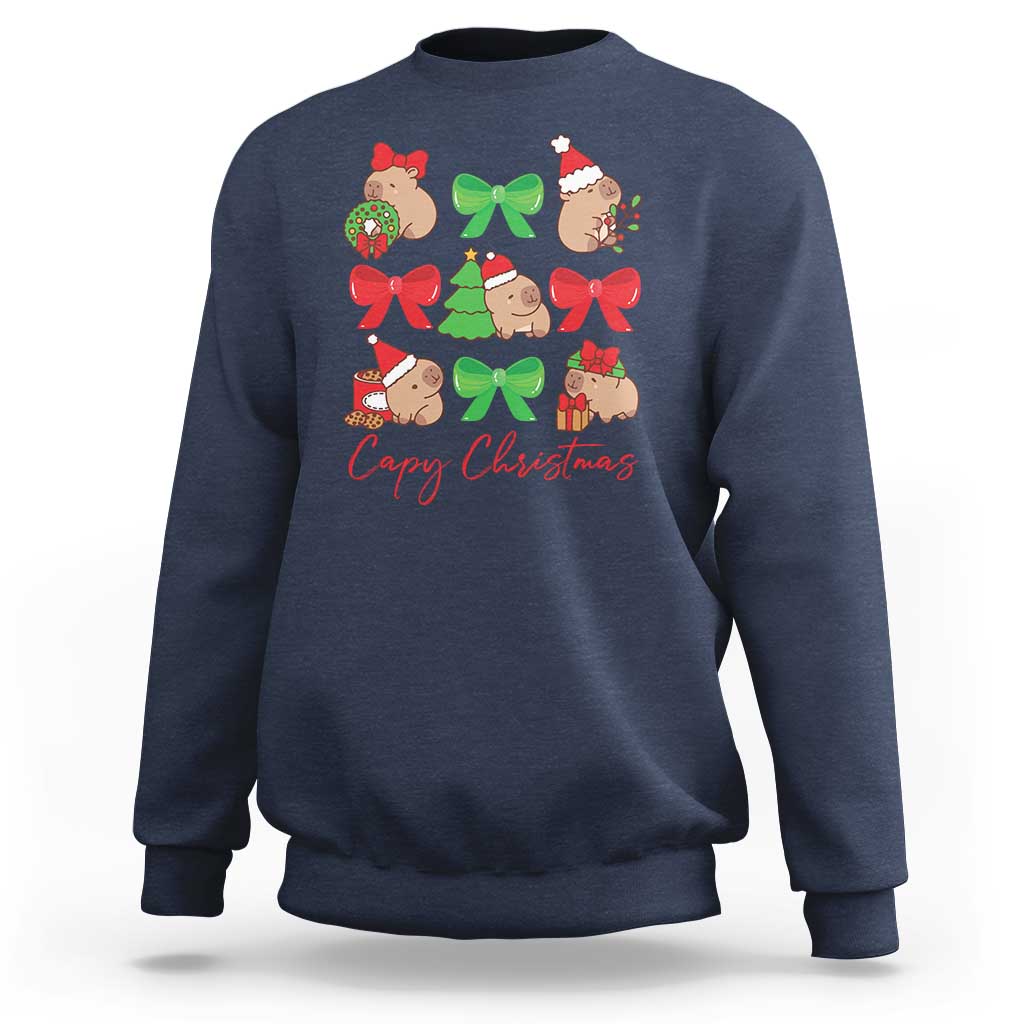 Navy crewneck sweatshirt with capybara Christmas graphic and red bows