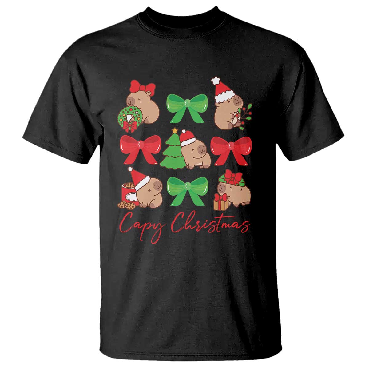 Black capybara Christmas T-shirt with colorful bow wreath print and 'Capy Christmas' text