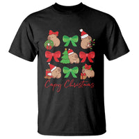 Black capybara Christmas T-shirt with colorful bow wreath print and 'Capy Christmas' text