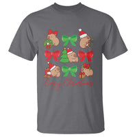 Charcoal gray capybara Christmas T-shirt with colorful bow wreath print and 'Capy Christmas' text